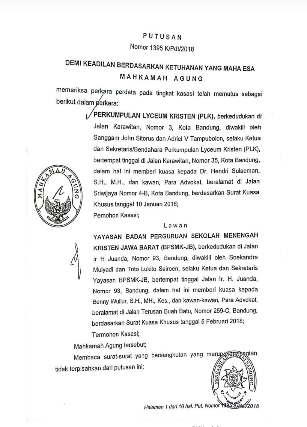 Polemik Lahan SMAK Dago, PT GMI Ditetapkan Negara Sebagai Penerima Hak